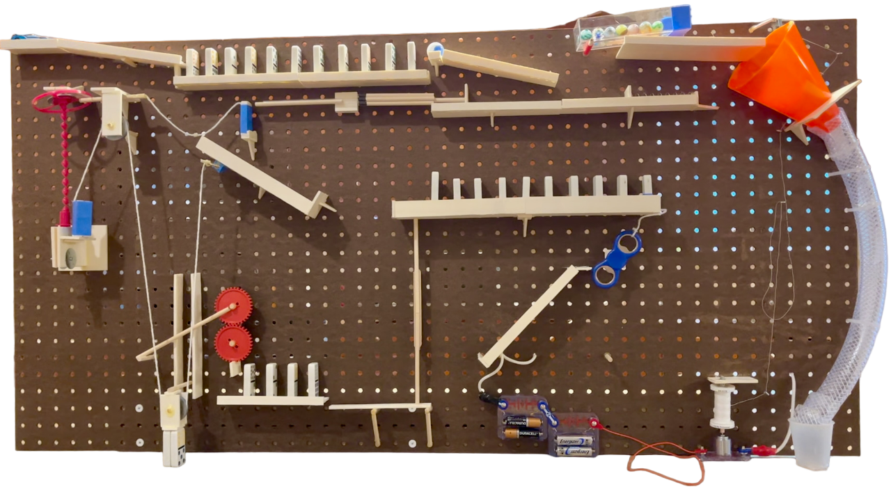 A student's Rube Goldberg machine setup and ready to run